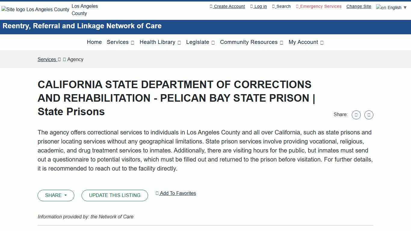 CALIFORNIA STATE DEPARTMENT OF CORRECTIONS AND REHABILITATION - PELICAN BAY STATE PRISON State Prisons - Network of Care Los Angeles County CA Service Directory